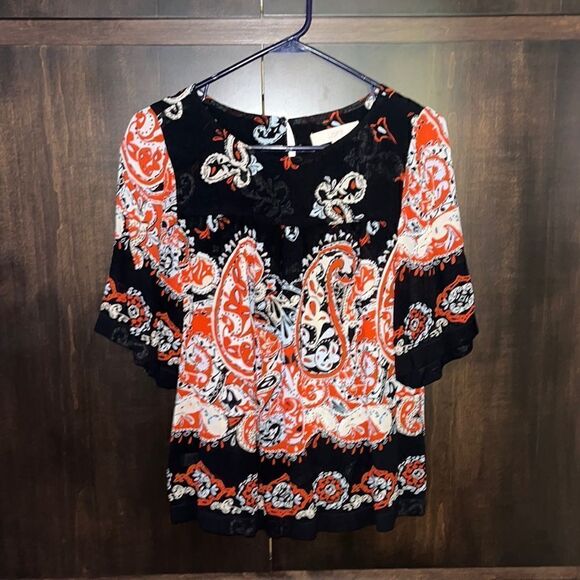 Ann Taylor LOFT Orange & Black Paisley Print Top - Picture 1 of 4